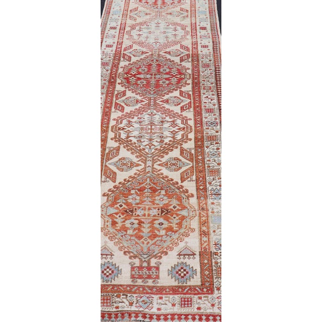 Textile Antique Hand-Knotted Sarab Runner With Sub-Geometric Design in Red, Blue & Ivory 3'0 X 10'5 For Sale - Image 7 of 13