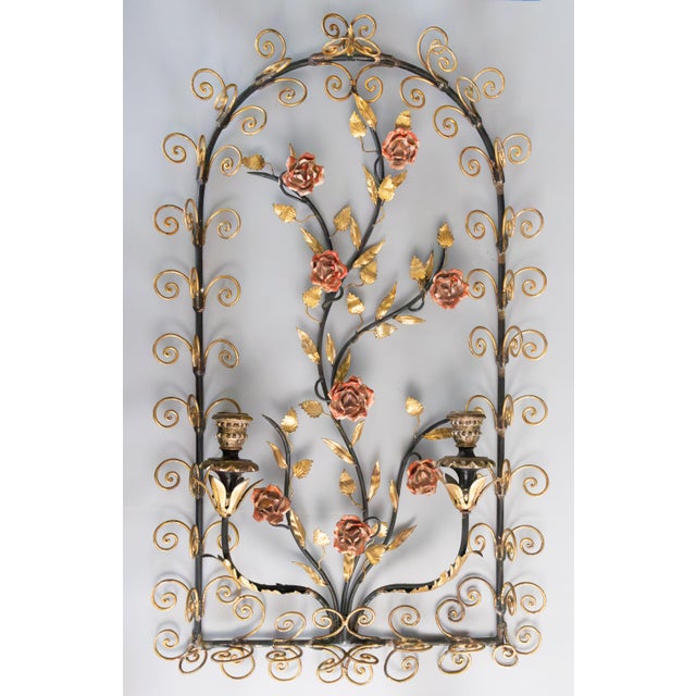 Romantic Vintage Italian Gilt Tole & Red Roses Candle Wall Sconce For Sale - Image 9 of 9