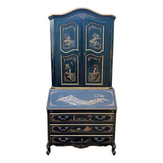 Late 20th Century Chinoiserie Black Lacquered Drop Front Secretary Desk With Bookcase Hutch For Sale