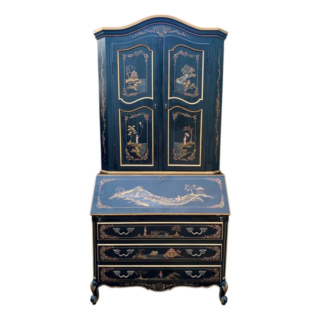 Late 20th Century Chinoiserie Black Lacquered Drop Front Secretary Desk With Bookcase Hutch For Sale