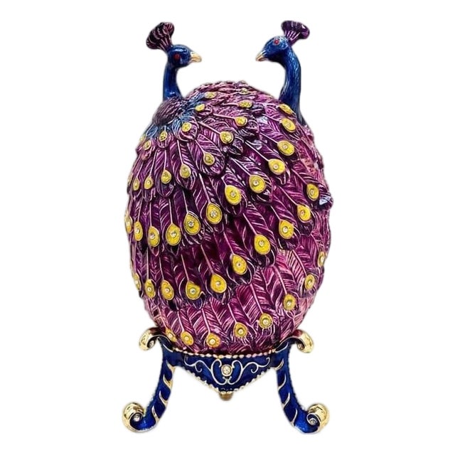 Amethyst Pierre Lorren Handmade Faberge Egg Style Trinket Peacock Couple Fabergé Egg Style Austrian Crystal Diamond Pure Gold Deco For Sale