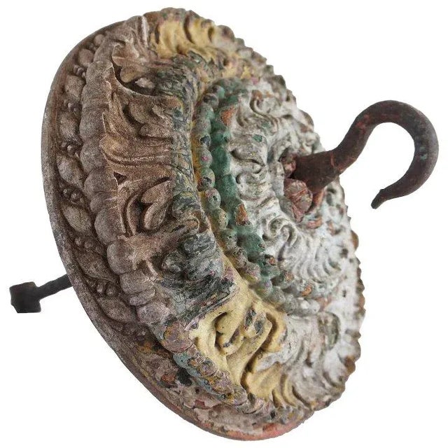 Very Indian Goan Carved and Painted Teak Ceiling Medallion Hook For Sale - Image 4 of 4