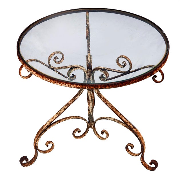 A Lovely Shabby Chic Style, Antique Low Iron Garden Side Table. Glass top. Original Rusty Patina with a matte clear coat...