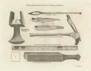 Warren, Otaheitean Tools in Tahiti, French Polynesia, 1793, Engraving