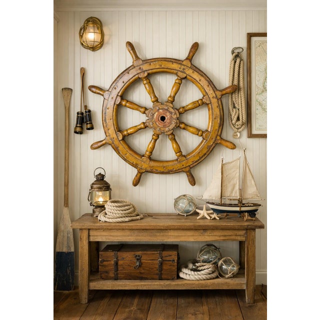 Large Vintage Wooden Ship Wheel 38.5” Nautical Helm W/ Patina For Sale - Image 12 of 12