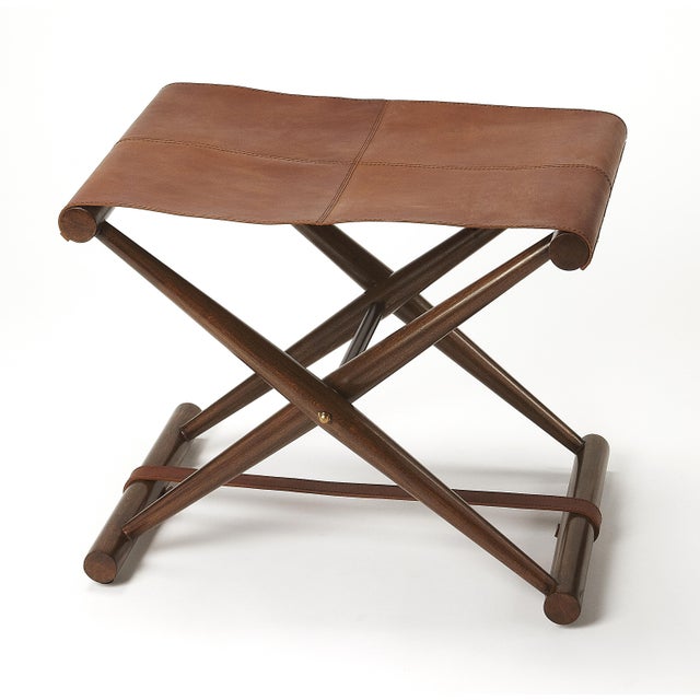 Brown Sutton 23.5 in. W Rectangular Leather and Wood Folding Accent Stool, Brown For Sale - Image 8 of 8