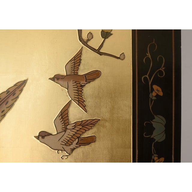 Vintage Asian Gold Leaf Coromandel 4-Panel Folding Screen With Birds in Nature Scenes For Sale In San Francisco - Image 6 of 18