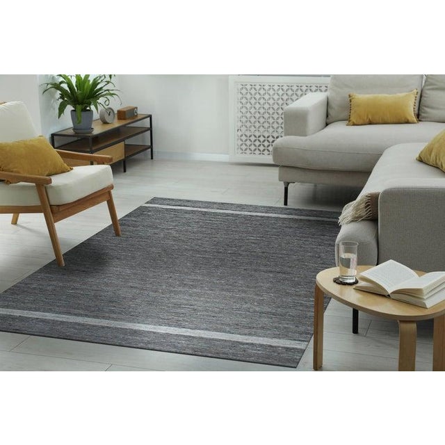 Textile 10x14 Gray Handwoven Wool Subtle Linear Bands Geometric Modern Carpet Rug For Sale - Image 7 of 10