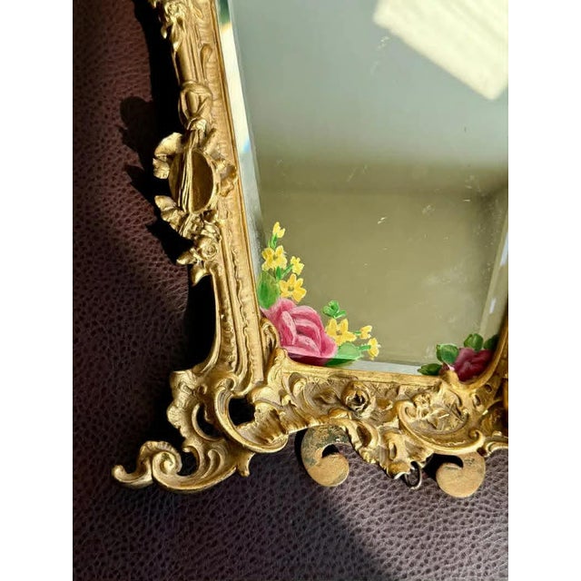Rococo Antique Italian Rococo-Style Table Mirror With Gilded Metal Frame, Featuring Putti (Cherubs) Decor and Floral Painting For Sale - Image 3 of 13