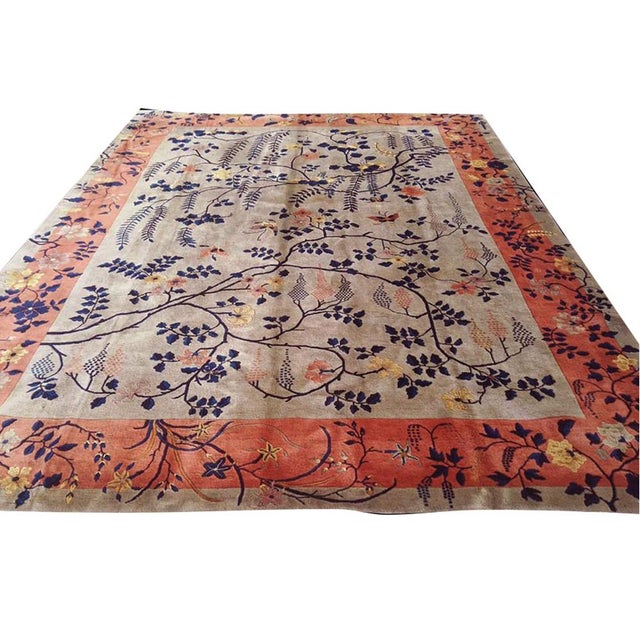 1920s Ivory Floral Traditional Antique Chinese Art Deco Rug 9'0" X 11'8" Knotted Wool Carpet For Sale In New York - Image 6 of 9