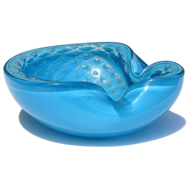 Murano Murano Barbini Vintage Sky Blue Gold Flecks Control Bubbles Vintage Italian Art Glass Bowl Ashtray For Sale - Image 4 of 7