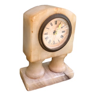 Antique White Alabaster Stone Mantel Clock With German Movement — Hollywood Regency For Sale