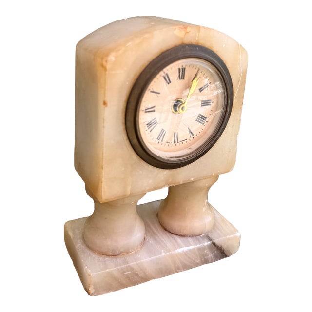Antique White Alabaster Stone Mantel Clock With German Movement — Hollywood Regency For Sale