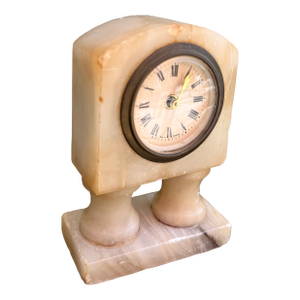 Antique White Alabaster Stone Mantel Clock With German Movement — Hollywood Regency