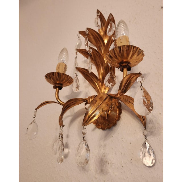 Vintage Two-Light Wall Lamp with Gold Leaf and Crystals, 1960s For Sale - Image 14 of 18