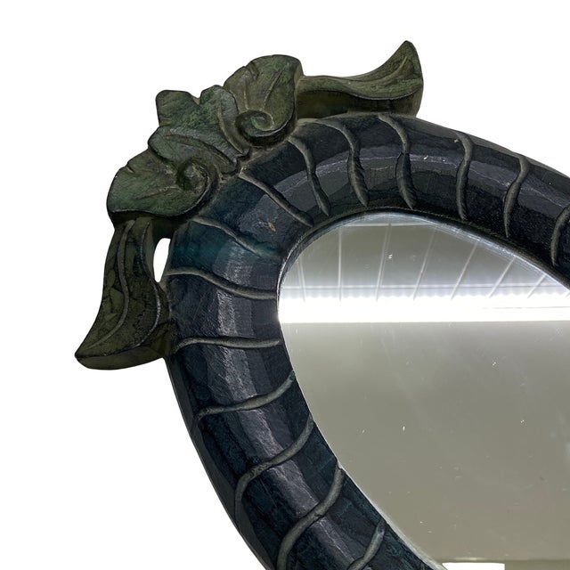 Rustic European Vintage Hand-Carved Wooden Oval Mirror With Foliate Frame For Sale - Image 3 of 5
