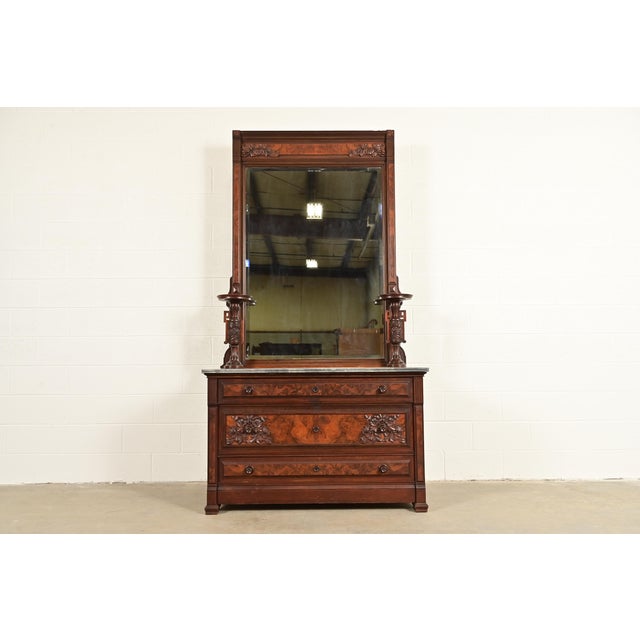 Bernheimer Collection Antique Monumental Eastlake Victorian Burled Walnut and Marble Top Vanity or Dressing Table With Mirror, Circa 1880s For Sale - Image 18 of 18