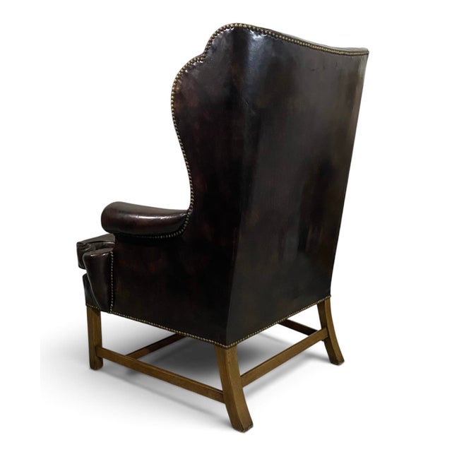 Wood Vintage Baker Furniture Georgian Style Brown Leather Wingback Armchair For Sale - Image 7 of 13