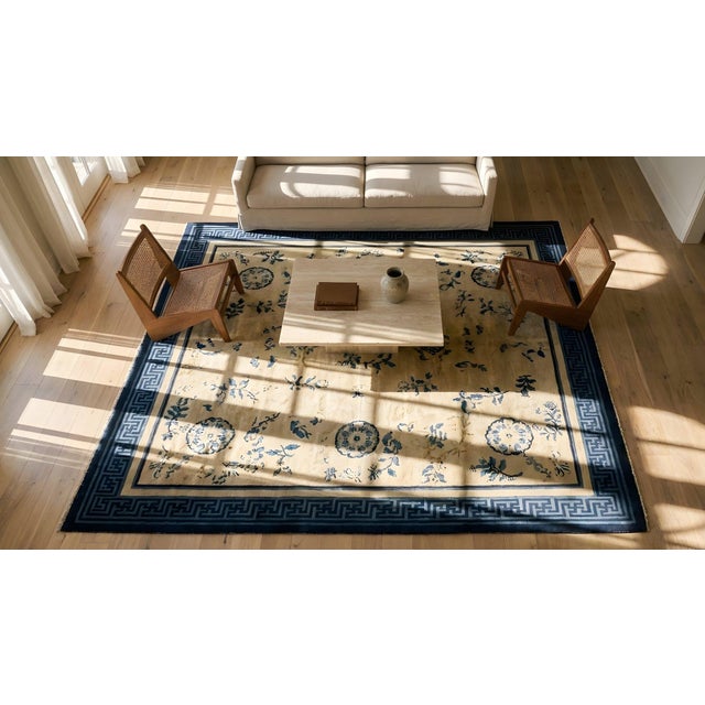 1900s Beige Ground Six Asymmetric Knots Chinoiserie Antique Chinese Peking Rug For Sale - Image 12 of 14