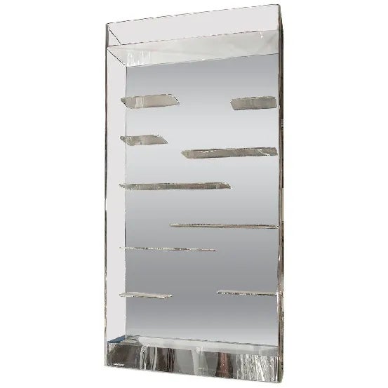 Fantastic Les Prismatiques free floating Lucite shelves and mirrored wall vitrine. Retains its original Etched Makers...