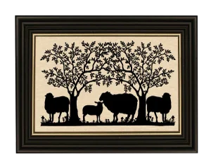 Framed "Sheep Under Tree" Paper Silhouette in Solid Wood Antique Black Frame With Gold Accent