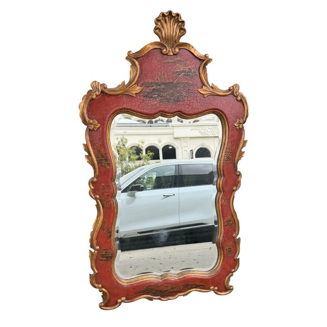 Chippendale Style Red Chinoiserie Gilt and Painted Wood Mirror.