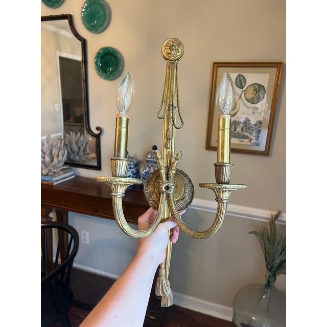 Vintage French Gilt Bronze 2-Light Rope and Tassel Wall Sconces, Louis XVI Style - a Pair For Sale - Image 6 of 12