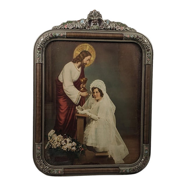 1938 First Communion Devotional Portrait in Ornate Silvered Polychrome Floral Frame For Sale