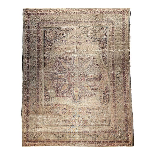 19th Century Kerman Lavar Rug, Hand-Knotted Wool, Floral Pattern, Ivory & Burgundy, 9x13 For Sale