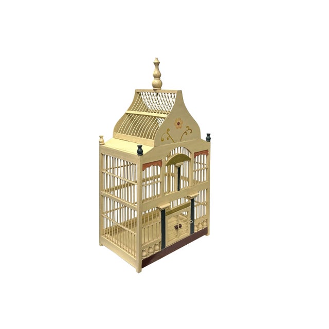1990s Western House Shape Light Cream Color Wood Birdcage Display For Sale - Image 5 of 9