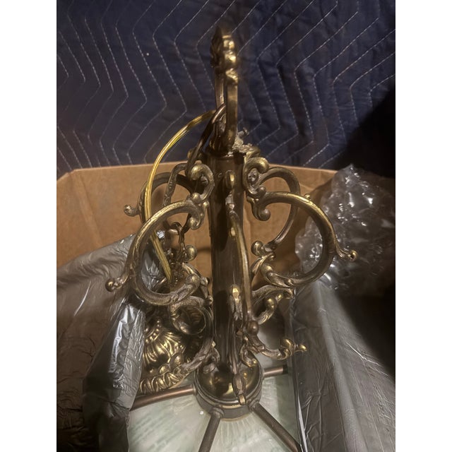 Metal 1920s/30s Frosted Glass Dome Chandelier With Brass Crown Detailing and Pink Blown Glass Beads For Sale - Image 7 of 9