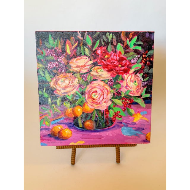 Vibrant Oil Painting, Bouquet of Ranunculus and Oranges, Margaret Owen (20th Century) For Sale In Dallas - Image 6 of 11