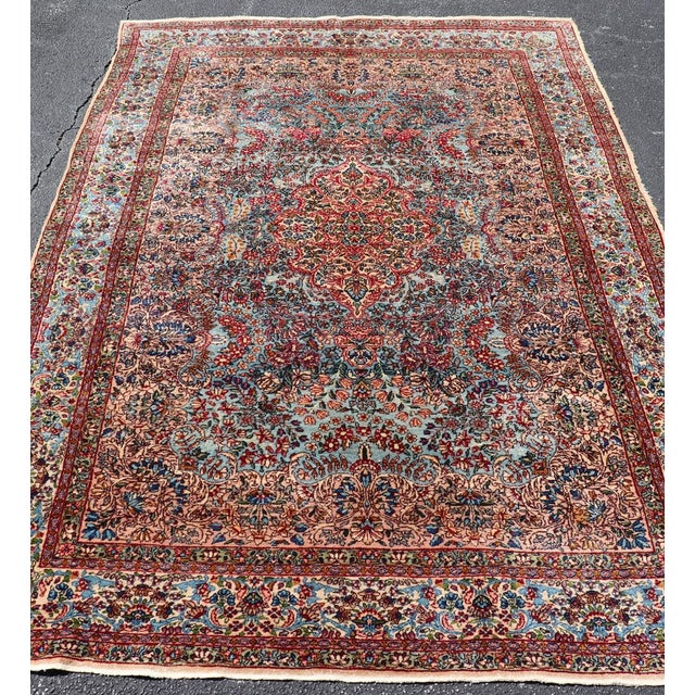 Antique Kerman Rug With Soft Blue Field, Rose Red Medallion and Floral Design 5'10 X 8'6 For Sale - Image 4 of 15