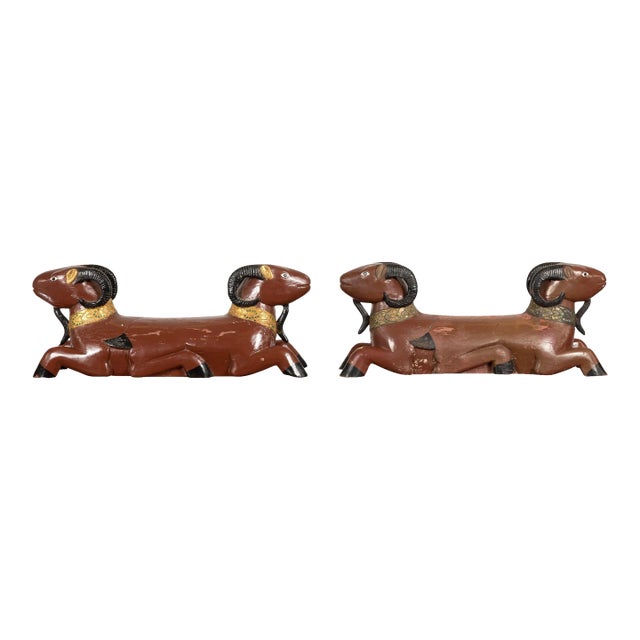 Vintage Northern Thai Double Ram Sculptures with Reddish Brown Lacquer - A Pair For Sale