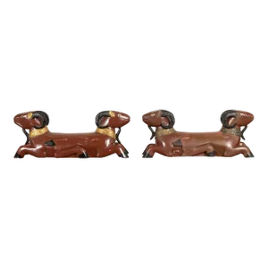 Vintage Northern Thai Double Ram Sculptures with Reddish Brown Lacquer - A Pair