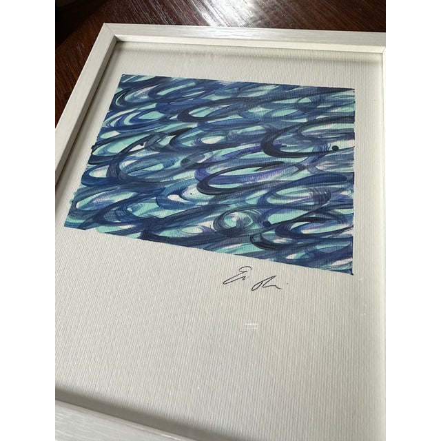 Erin Simon Original “Scrolling” in Blues Framed in White For Sale - Image 4 of 6