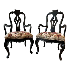 Pair of 1990s Bausman Portuguese Queen Anne Armchairs – Floral Upholstery With Distressed Wood Frame