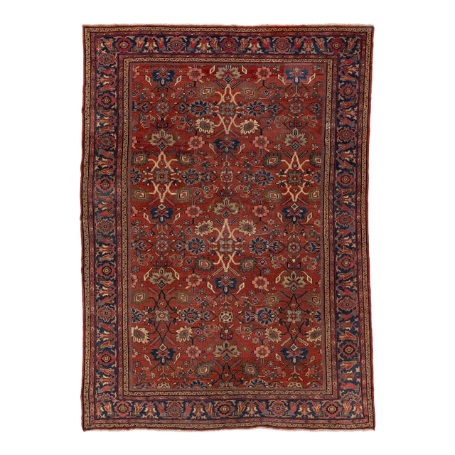 9 X 12 Vintage Mahal Wool Rug - Terracotta and Indigo Floral Medallion Motif For Sale
