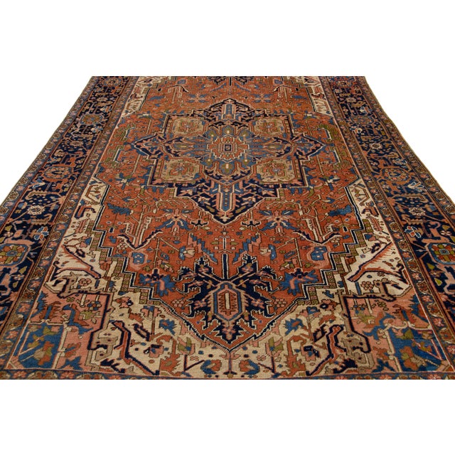 1900s Antique Persian Heriz Wool Rug Handmade in Rust With Medallion Design For Sale - Image 4 of 11