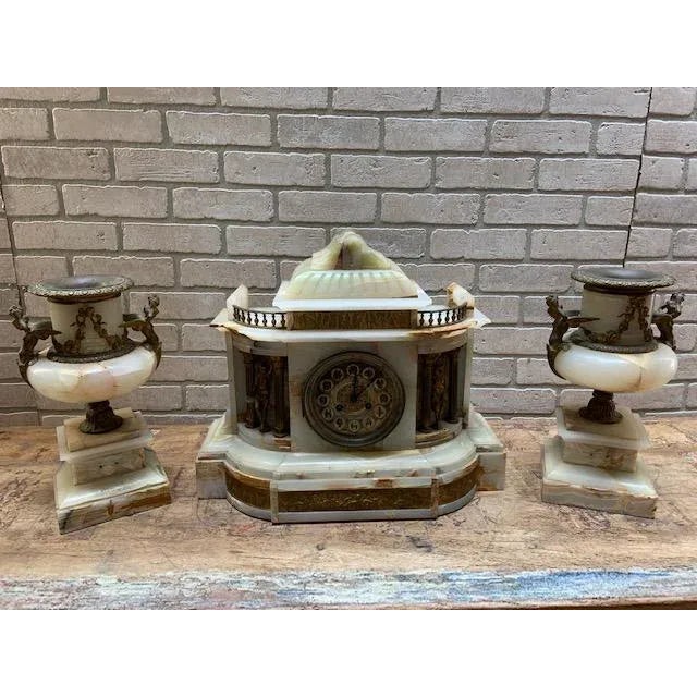 Antique French Louis XVI Style Onyx & Gilt Bronze Garniture Clock Set with Vincenti Médaille d’Argent Movement Antique...