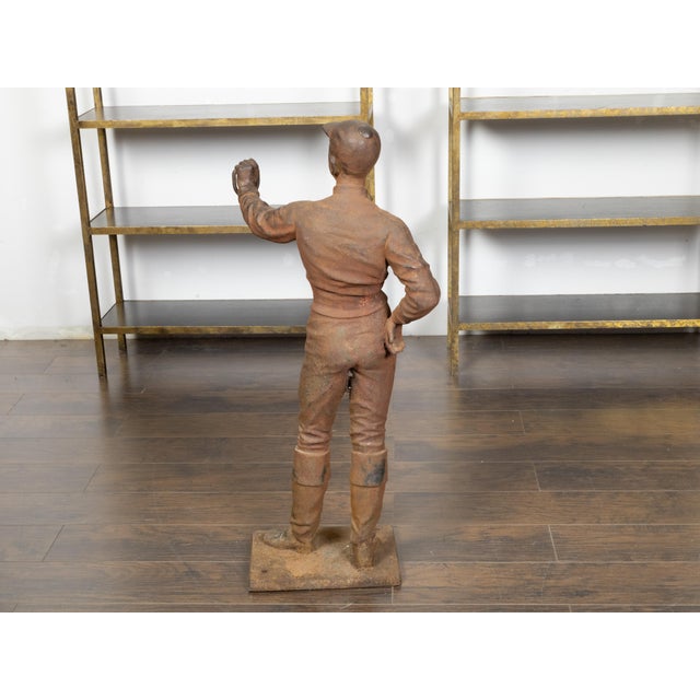 English Turn of the Century Iron Sculpture of a Jockey with Weathered Patina For Sale - Image 4 of 9