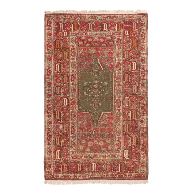 Antique Gordes Traditional Red and Sage Green Wool Rug For Sale