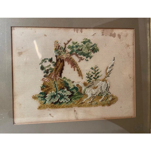 Textile Antique 1800's European Figural Dog Bird Landscape Needlepoint Sampler Art Frame For Sale - Image 7 of 12