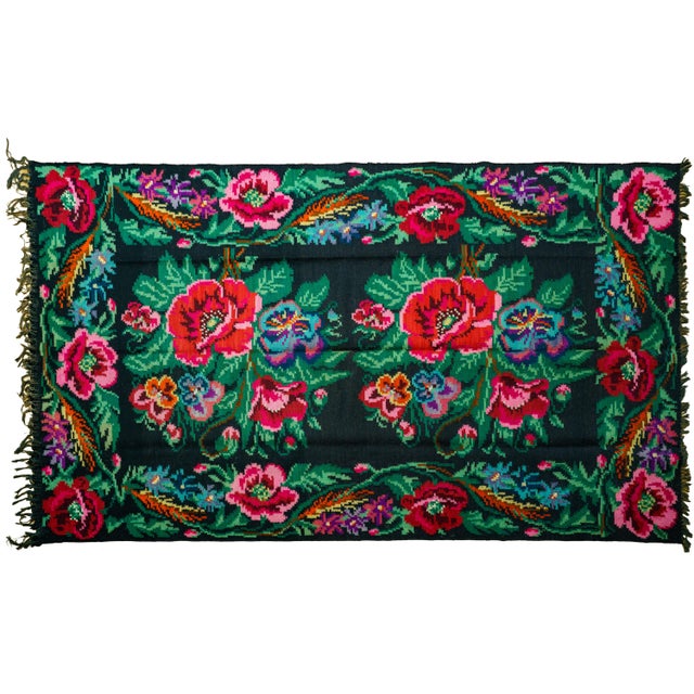 Vintage Romanian-Moldovan Bessarabian-Style Handwoven Wool Rug with Dark Floral Folk Pattern, Blue Field, and Fringe, 1970s For Sale - Image 10 of 10