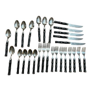 Vintage Mid Century Modern Gibson Faux Bamboo Stainless Flatware - 28 pcs For Sale