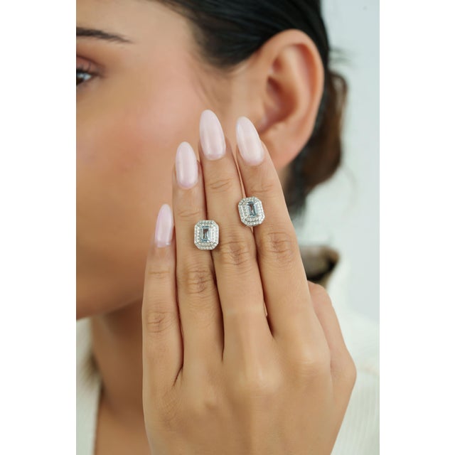 1.23ct Modern Aquamarine & Diamond Double Halo Stud Earrings 14k Gold- 2 Pieces For Sale - Image 11 of 16