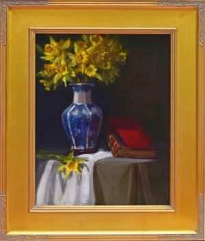 Vintage Realist Floral Still Life Oil Painting of Daffodils in Blue and White Chinese Vase