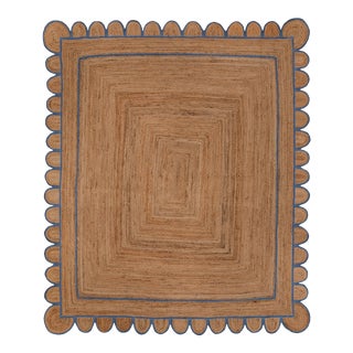 French Blue Trim Jute Scallop Braided Handmade Rug - 2.6'x6' For Sale