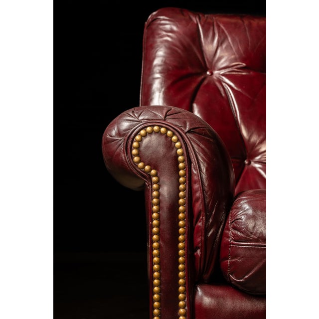 Vintage Tufted Leather Chesterfield Armchair and Ottoman Set in Burgundy For Sale - Image 11 of 12