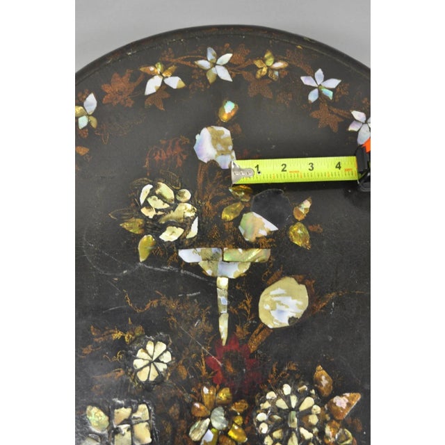 Antique English Victorian Mother of Pearl Inlay Black Lacquer Tilt Top Table For Sale - Image 17 of 18